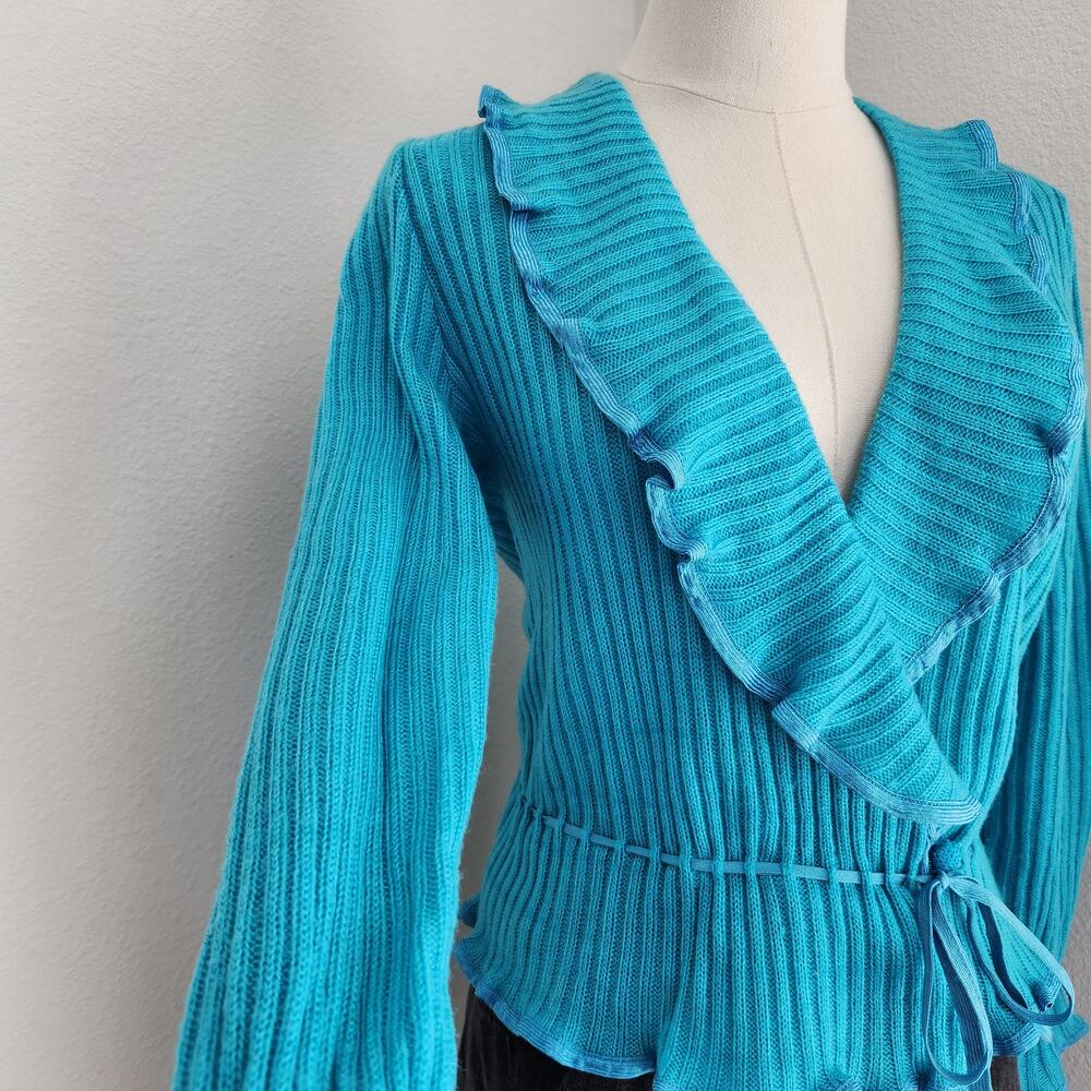 Vintage 70s Blue Teal Knit Ruffle Wrap Cardigan Tie Waist Top S Kentelle - Picture 4 of 16